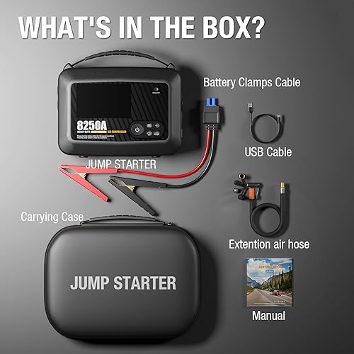 Miniatura 8 de JFEGWO CS02 8250A Arrancador de salto con compresor de aire, 32000mAh 150PSI Portable Car Truck Jump Starter Heavy Duty (16L Gas12L Diesel), caja de