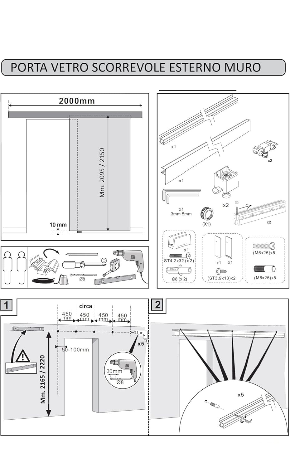 BINARIO KIT PER PORTA SCORREVOLE portata KG.80 (250 cm)