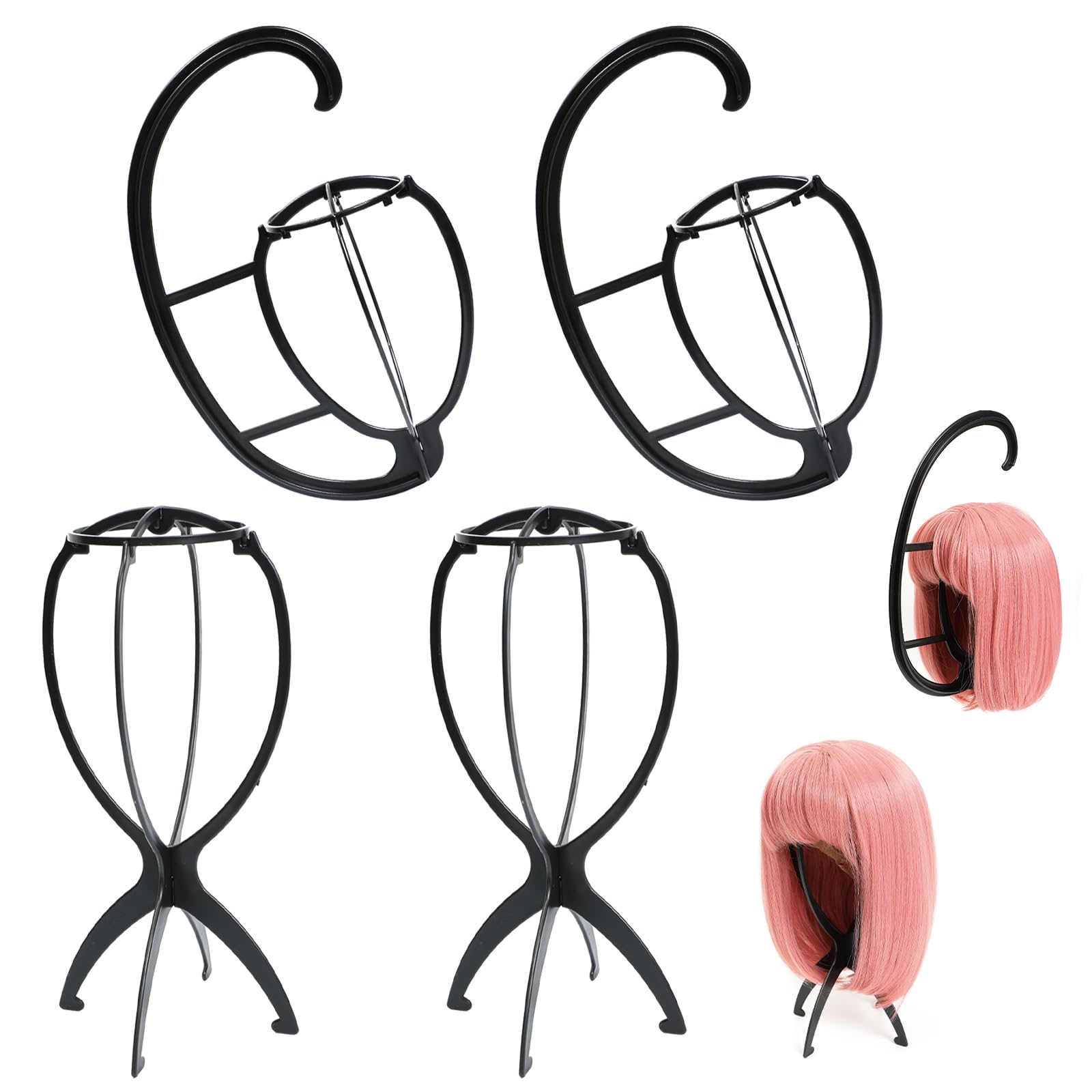 Lot de 4 supports de perruque avec 2 supports de perruque portables et 2 supports de perruque suspendus, support de perruque pliable pour plusieurs perruques, présentoir de perruque de voyage