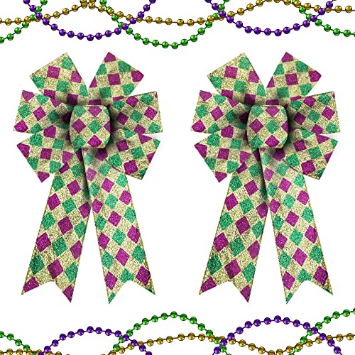 Estivaux 2 Pieces Mardi Gras Bows for Wreath, Mardi Gras Wreath Bows Glitter Green Purple Buffalo Plaid Bows Fat Tuesday Bows Bows for Front Door Mardi Gras Masquerade Party Decorations