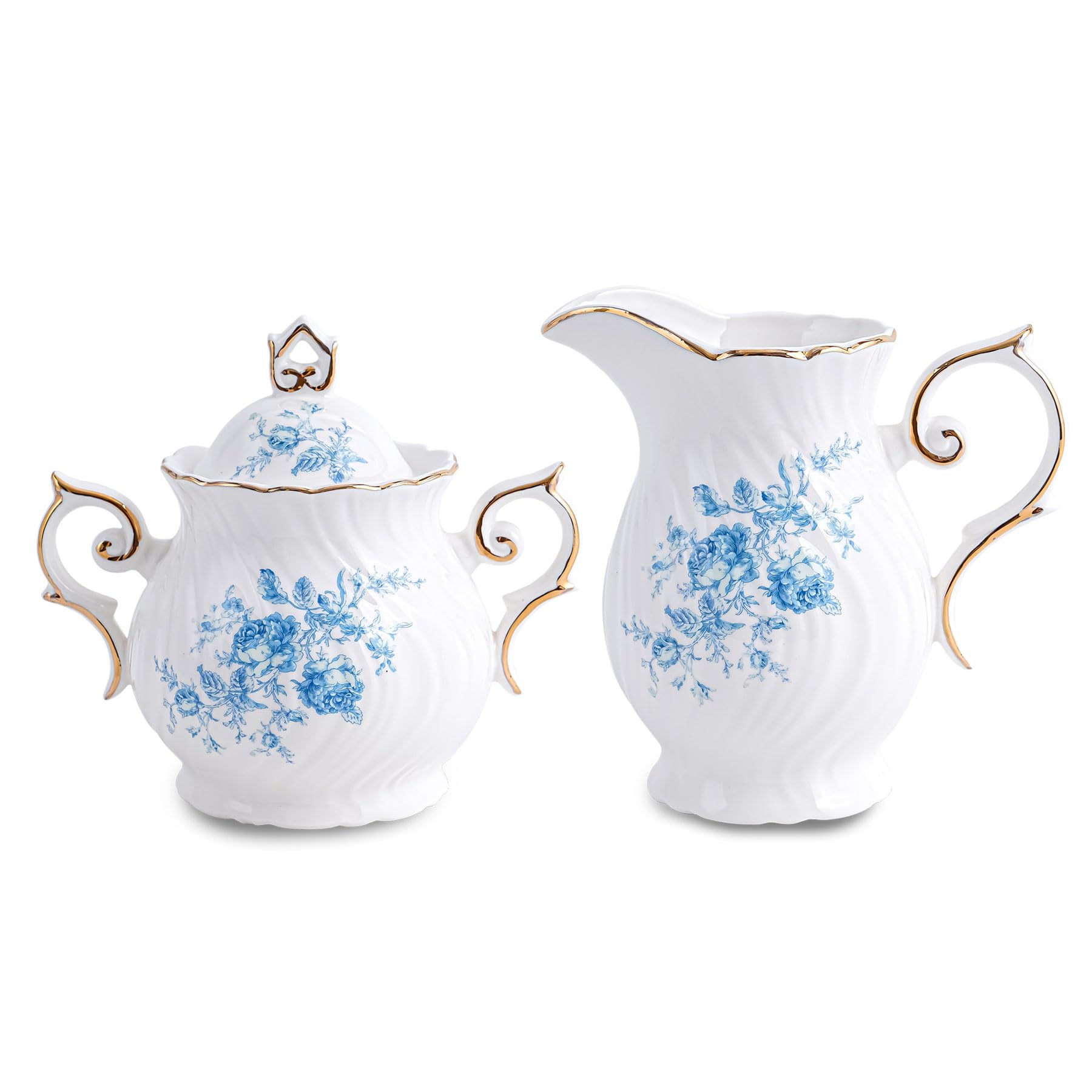 Agyiuns Sugar and Creamer Set Ceramic, Creamer Pitcher and Sugar Bowl with Lid,Sugar Cube Dish Coffee or Tea (White with blue flower)