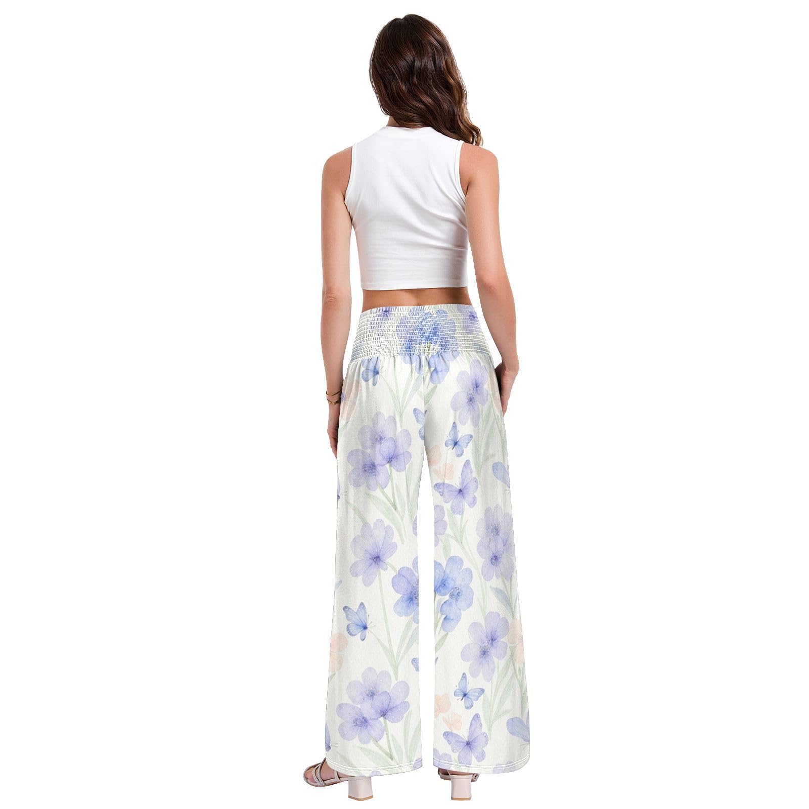 Pantalones de pierna ancha para mujer, diseño floral, color morado, resistentes a las arrugas, pantalones casuales de viaje