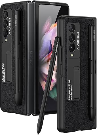 SHIEID fold 3 case with S Pen Holder, Z Fold 3 Case Leather with Kickstand Folio Flip Phone Case Cover Compatible with Galaxy Z Fold 3 5G 2021, Black