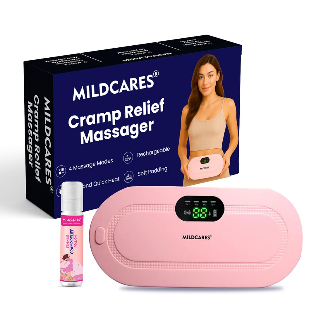 MildCares Period Cramp Massager Belt – Cordless Rechargeable Heating Pad with 3 Heat Levels & 4 Massage Modes | Portable Period Pain Relief Massager for Cramps, Back & Belly | Adjustable Belt for Women & Girls (1‑Year Warranty)