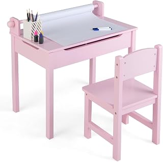 RELAX4LIFE Mesa y Silla de Arte para Niños 3+ Años con Tablero Plegable, Escritorio y Silla de Madera para Niños 60 x 40 x 58 cm con Rollo de Papel y Rotulador (Rosa)