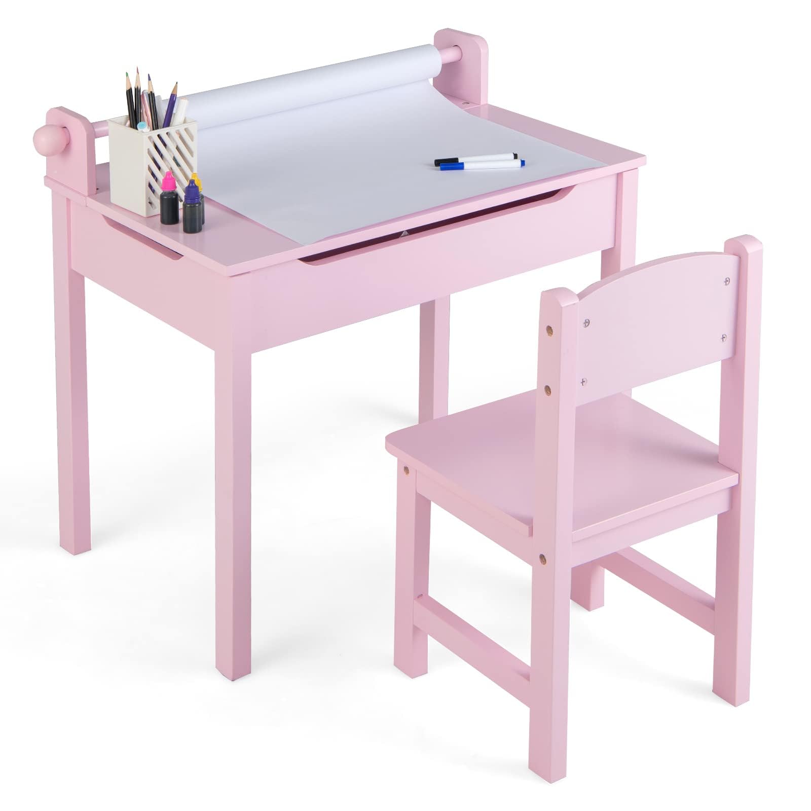 RELAX4LIFE Mesa y Silla de Arte para Niños 3+ Años con Tablero Plegable, Escritorio y Silla de Madera para Niños 60 x 40 x 58 cm con Rollo de Papel y Rotulador (Rosa)