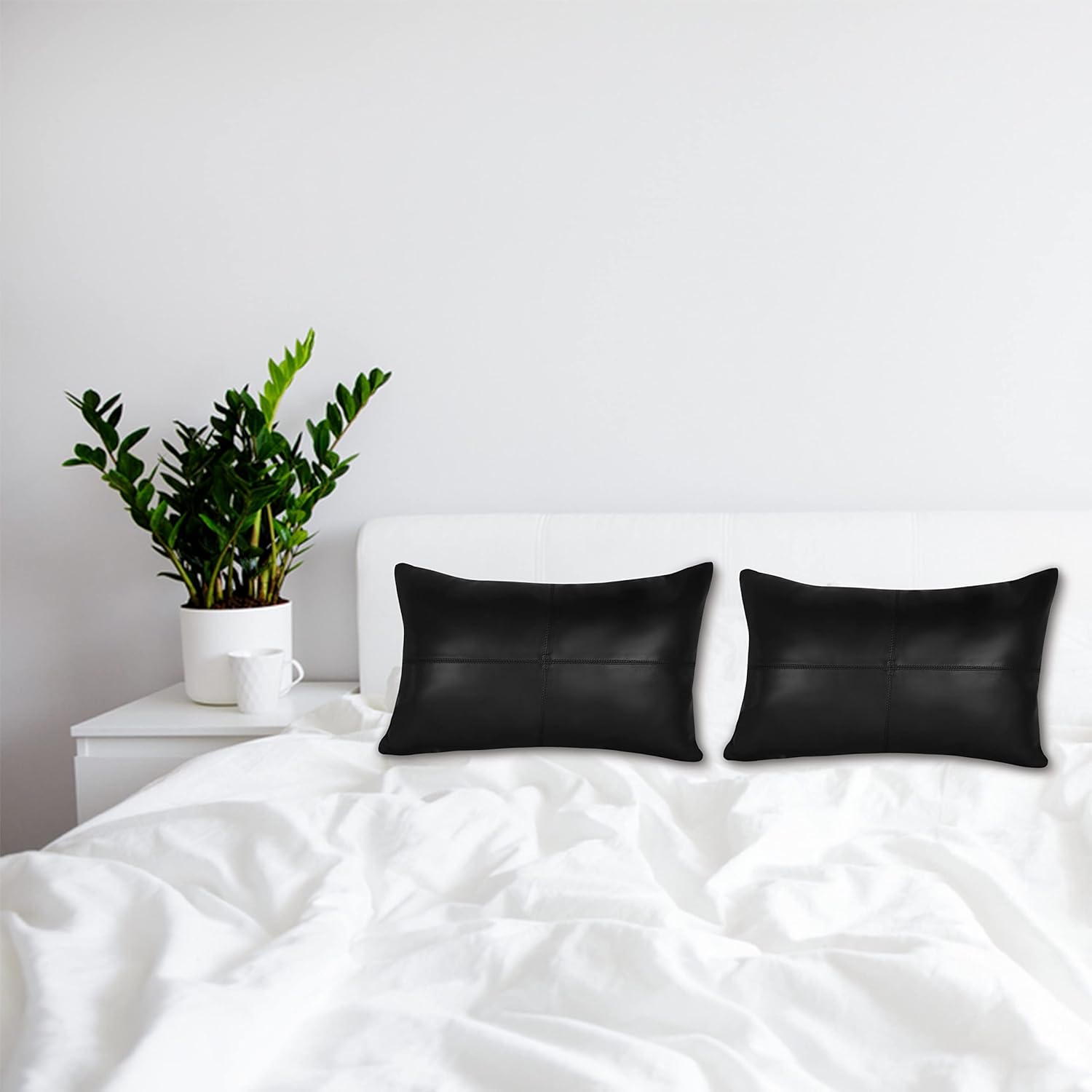 Lambskin Leather Rectangle Pillow Cover - Soft Luxury Cushion Case, Decorative Throw Covers for Sofa, Living Room & Bedroom 12X20 Inch, Black Plain Pack of 2