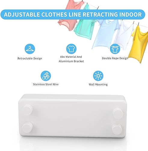 Miniatura 2 de Tendedero retráctil para interiores y exteriores, línea de ropa ajustable retráctil para interiores, líneas de ropa dobles, línea de lavandería