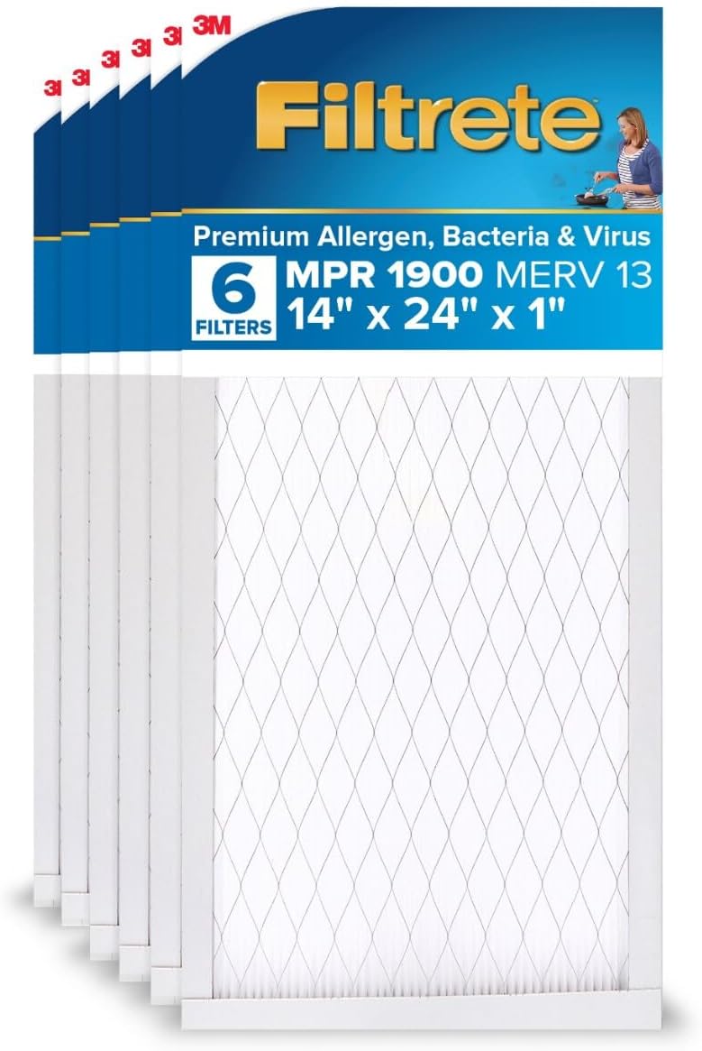 14x24x1 AC Furnace Air Filter, MERV 13, MPR 1900, Premium Allergen, Bacteria & Virus Filter, 3-Month Pleated 1-Inch Electrostatic Air Cleaning Filter, 6-Pack (Actual Size 13.81x23.81x0.78 in)
