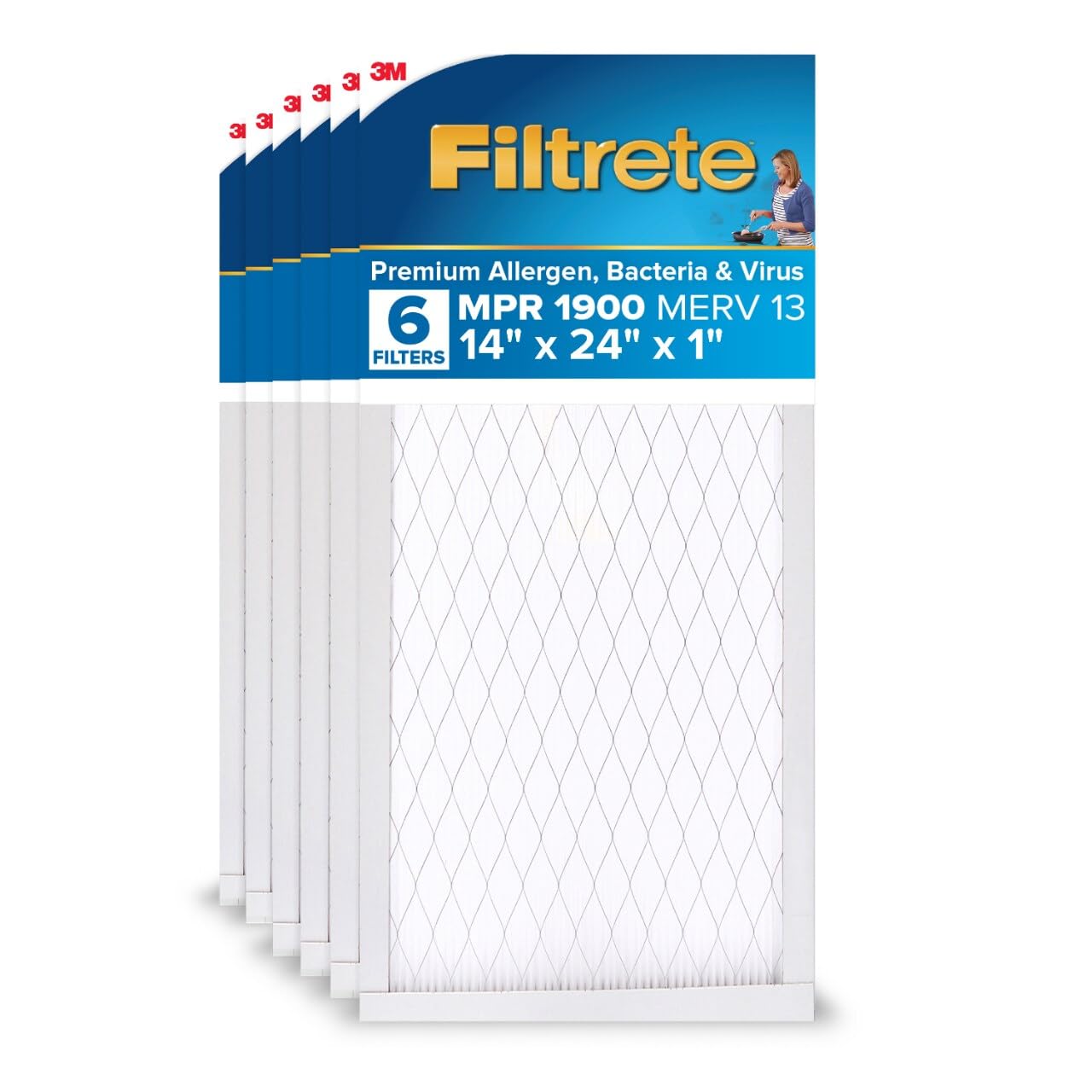 Filtrete 14x24x1 AC Furnace Air Filter, MERV 13, MPR 1900, Premium Allergen, Bacteria & Virus Filter, 3-Month Pleated 1-Inch Electrostatic Air Cleaning Filter, 6-Pack (Actual Size 13.81x23.81x0.78 in)
