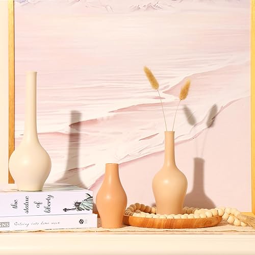 Miniatura 8 de ZENS Juego de 3 jarrones de cerámica para decoración Bohoshelf, pequeños jarrones de flores granuladas mate para decoración Bohoshelf, mini jarrón