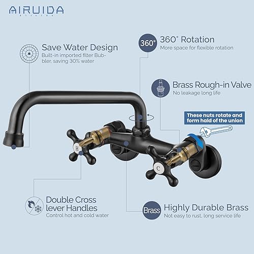 Vista 97 de Airuida Grifo de cocina de níquel cepillado para montaje en pared, boquilla de 8 pulgadas, montaje en pared, grifo de fregadero de lavandería