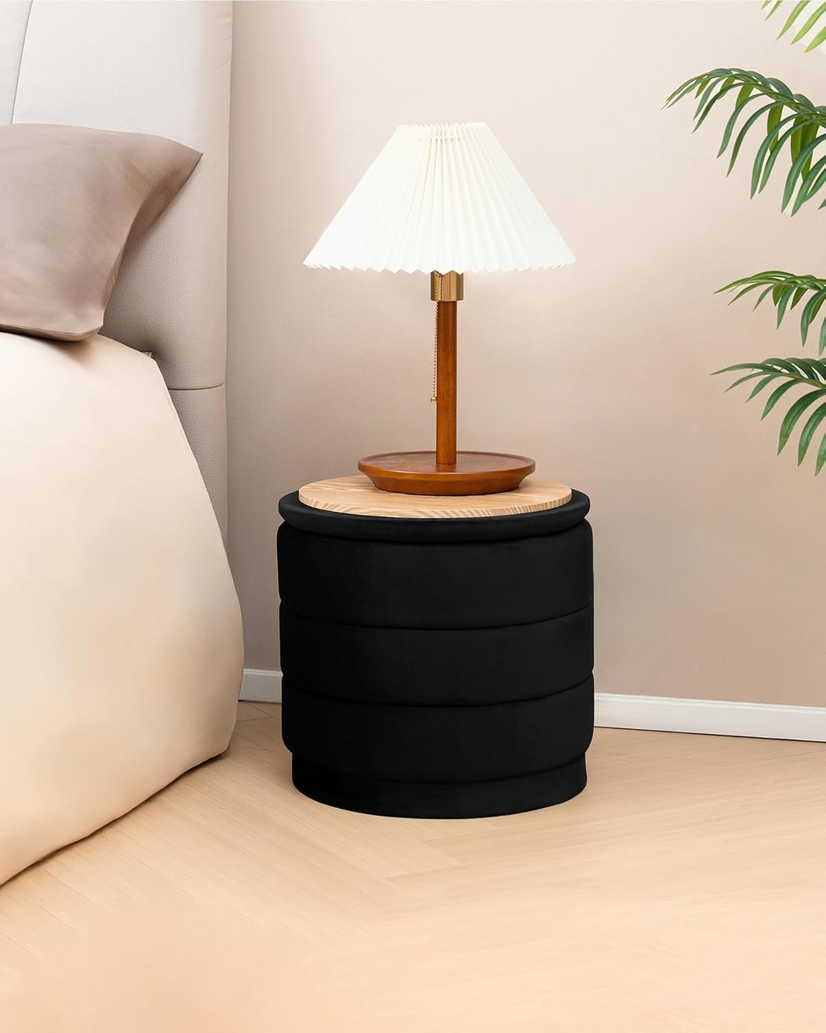 B FSOBEIIALEO Round Velvet Storage Ottoman with Tray, Folding Ottoman with Storage Coffee Table Foot Rest for Dorm Room, Living Room Black, 15.35"x15.35"x14.57"