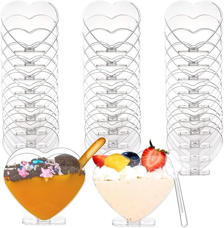 Paquete de 20 tazas de postre de plástico de 2.7 fl oz con cuchara, taza transparente en forma de corazón pequeño para pasteles, helados, fiestas,