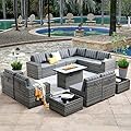 HOOOWOOO Outdoor Patio Sectional Furniture Sofa Set with Propane Fire Pit Table,13 Piece Large Modern Wicker Couch with Widened Armrest,Modular L Shaped Conversation Seating Set(Grey Strip)