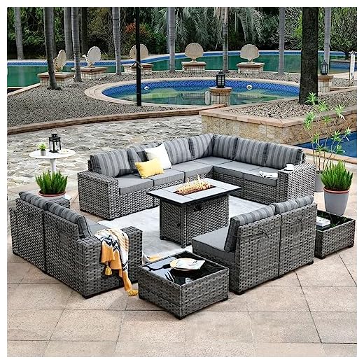 HOOOWOOO Outdoor Patio Sectional Furniture Sofa Set with Propane Fire Pit Table,13 Piece Large Modern Wicker Couch with Widened Armrest,Modular L Shaped Conversation Seating Set(Grey Strip)