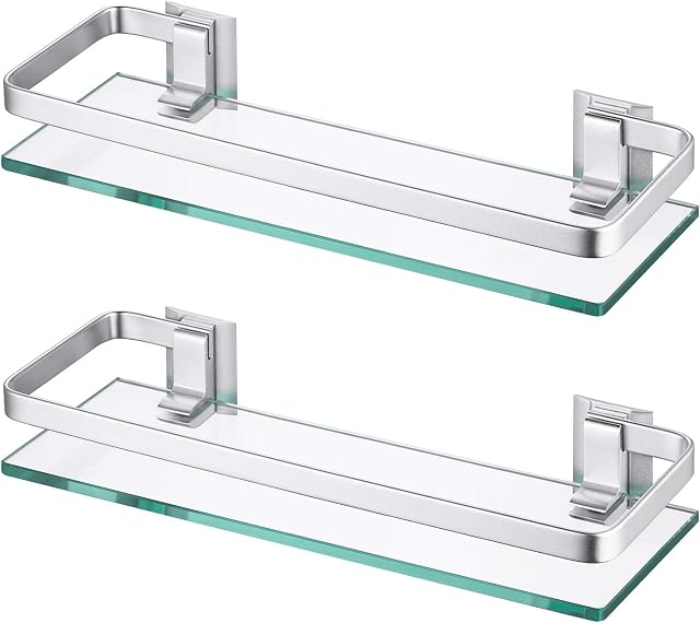KES Bathroom Glass Shelf 2 Pack Tempered Glass Rectangular Extra Thick Aluminum Silver Sand Sprayed Wall Mounted, A4126A-P2