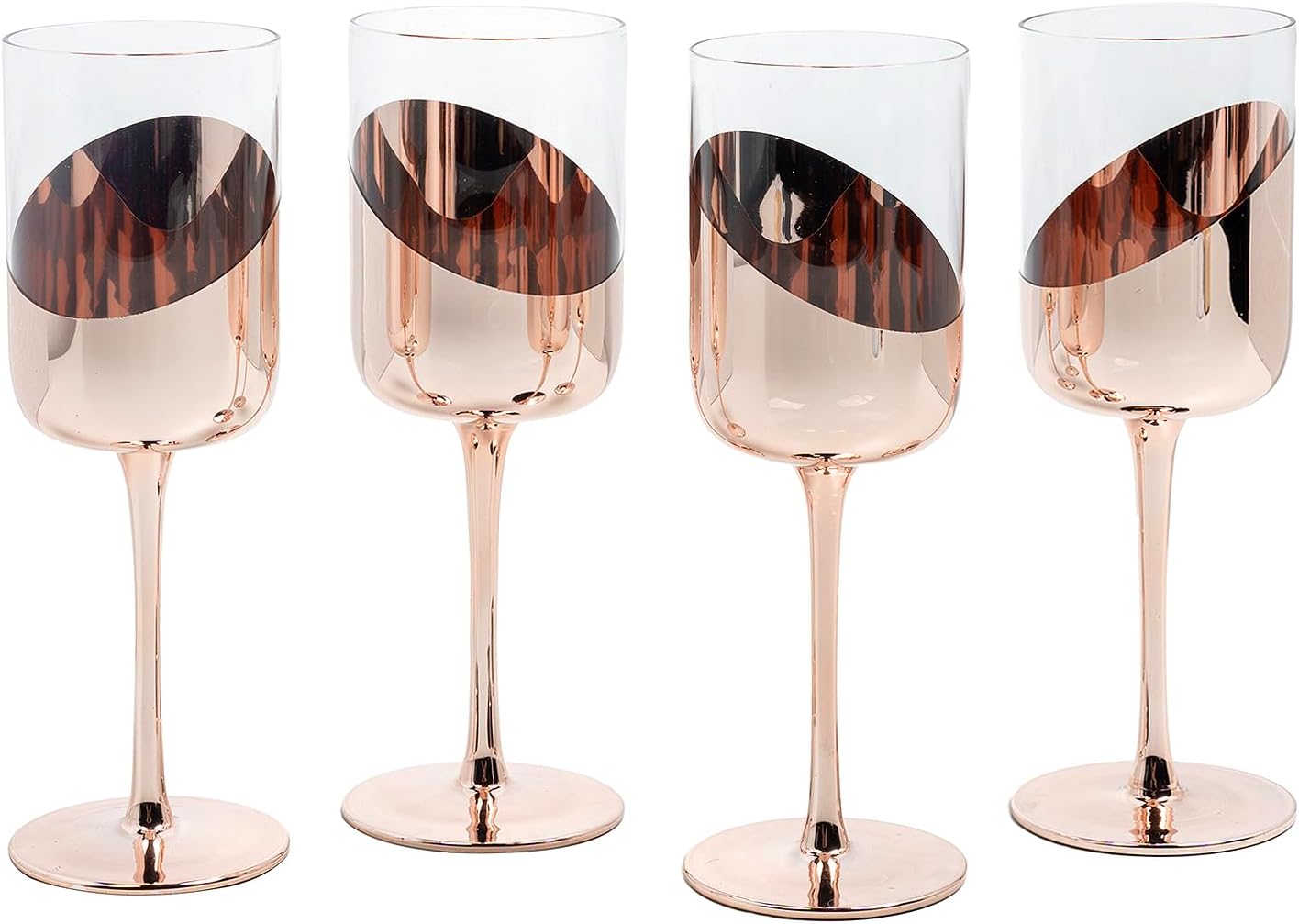 MyGift 14 oz Wine Glasses, Modern Copper Tone Plated Round Stemmed Glass Goblets, Cylindrical Drinking Glasses with Angled Dipped Mirror Finish, Stemware Set of 4