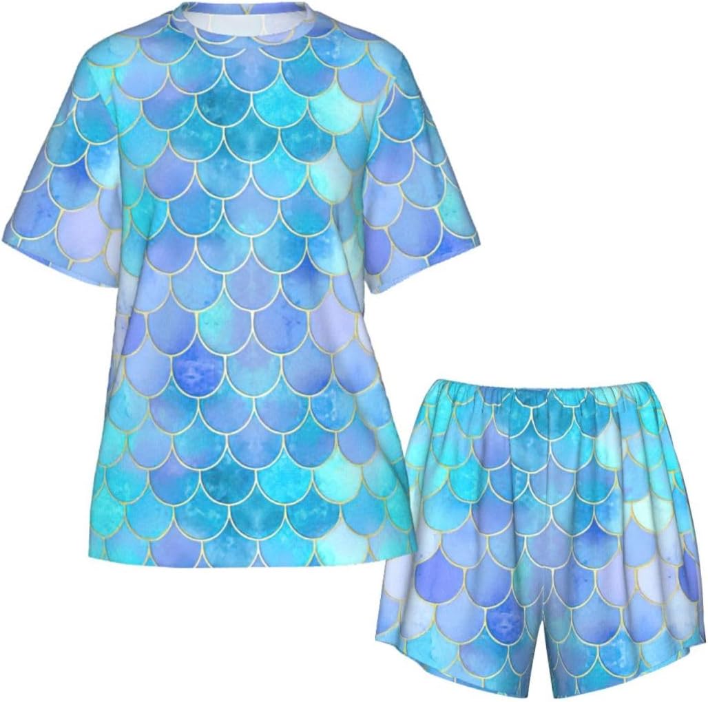 Gold Mermaid Scale Print Cute Short Sleeve Pajama Set For Women Casual Loungewear With Pockets Four Seasons S-3xl