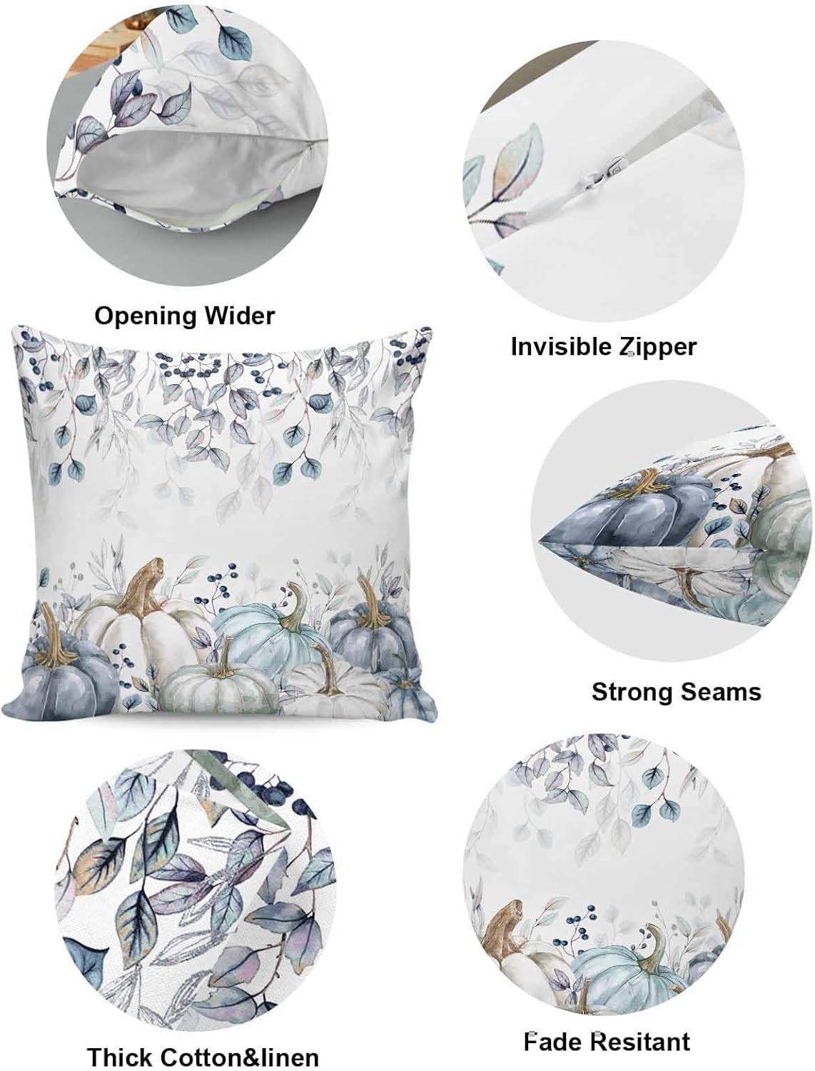 JasmineM Blue Pumpkins Pillow Covers 18x18 Inch Set of 2, Thanksgiving Decorations Watercolor Leaf Outdoor Throw Pillow Covers, Fall Holiday Square Pillowcases for Patio Sofa Couch Bedroom Decorative