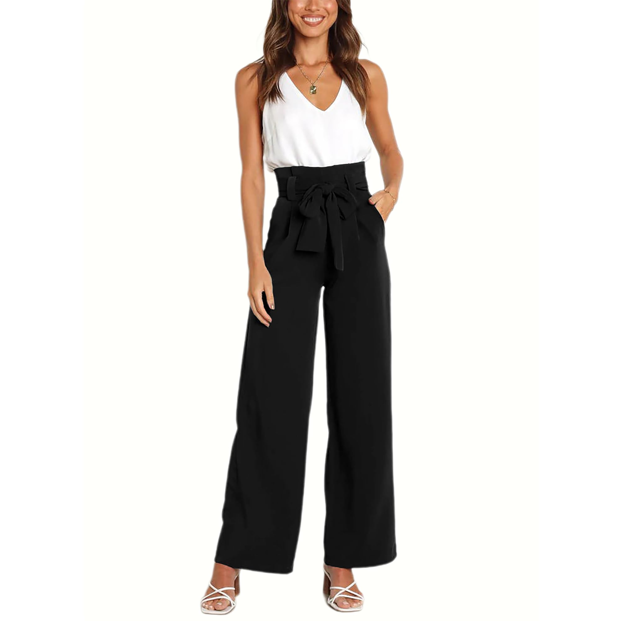Womens Wide Leg Lounge Pants with Pockets Lightweight High Waisted Adjustable Tie Knot Loose Trousers