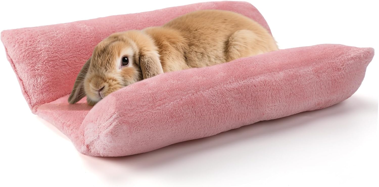 15.7" x 14" Soft Bunny Bed - Rabbit Bed, Warm Cuddle Cushion Plush Mat for Guinea Pig, Ferret, Small Animal - Pink