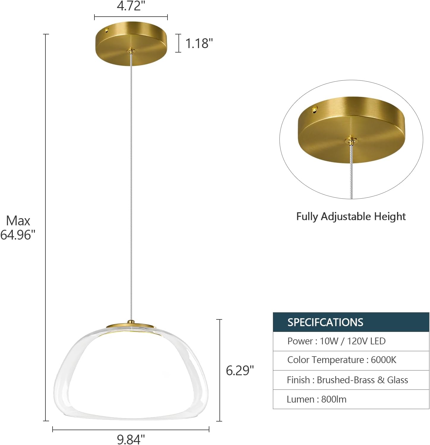 Modern Glass Pendant Lights for Kitchen Island Gold Pendant Light LED Light Source Adjustable Hanging Ceiling Light Clear Glass Shades 9 Inch
