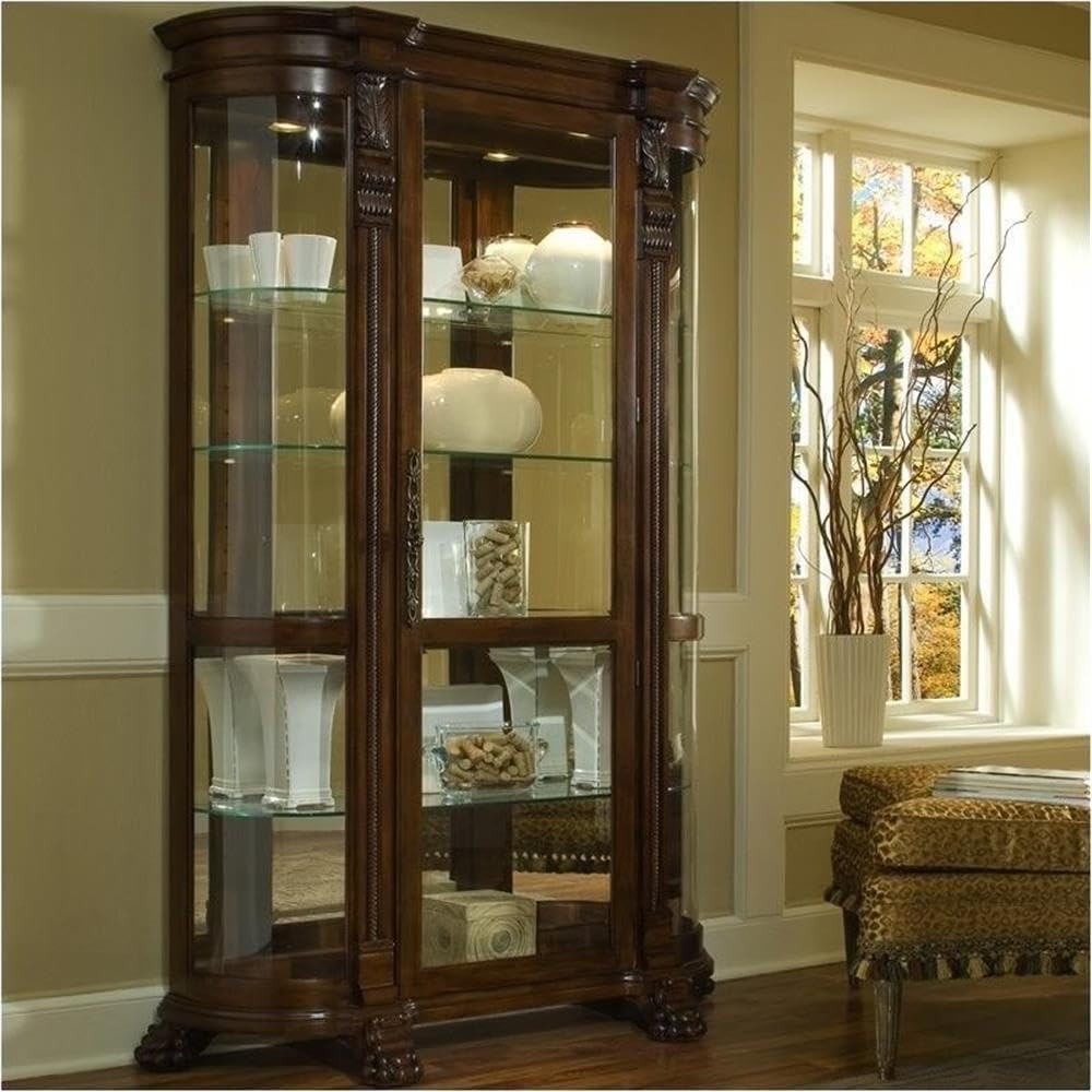BOWERY HILL Curved End Curio Cabinet, 82" H x 53" W x 17" D, Hardwood Solids and Veneers, Foxcroft Finish, Decorative Carvings, Beveled Glass Doors, Mirrored and Lighted Interior with Adjustable