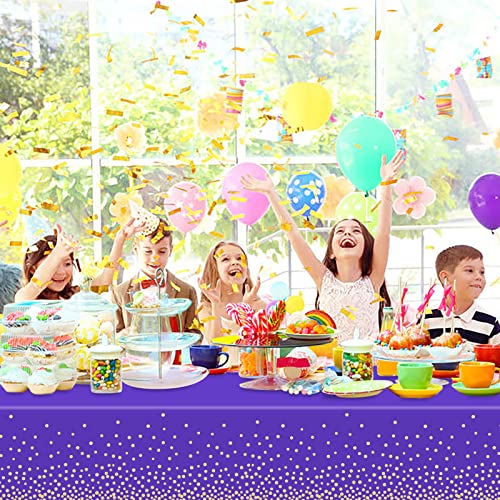 4 Pcs Purple And Gold Plastic Tablecloth For 8Ft Rectangle Table, 54 × 108 Inches Disposable Gold Dot Purple Party Table Covers For Anniversary, Graduation, Wedding, Fine Dining, Birthday Party Decor #TOP3