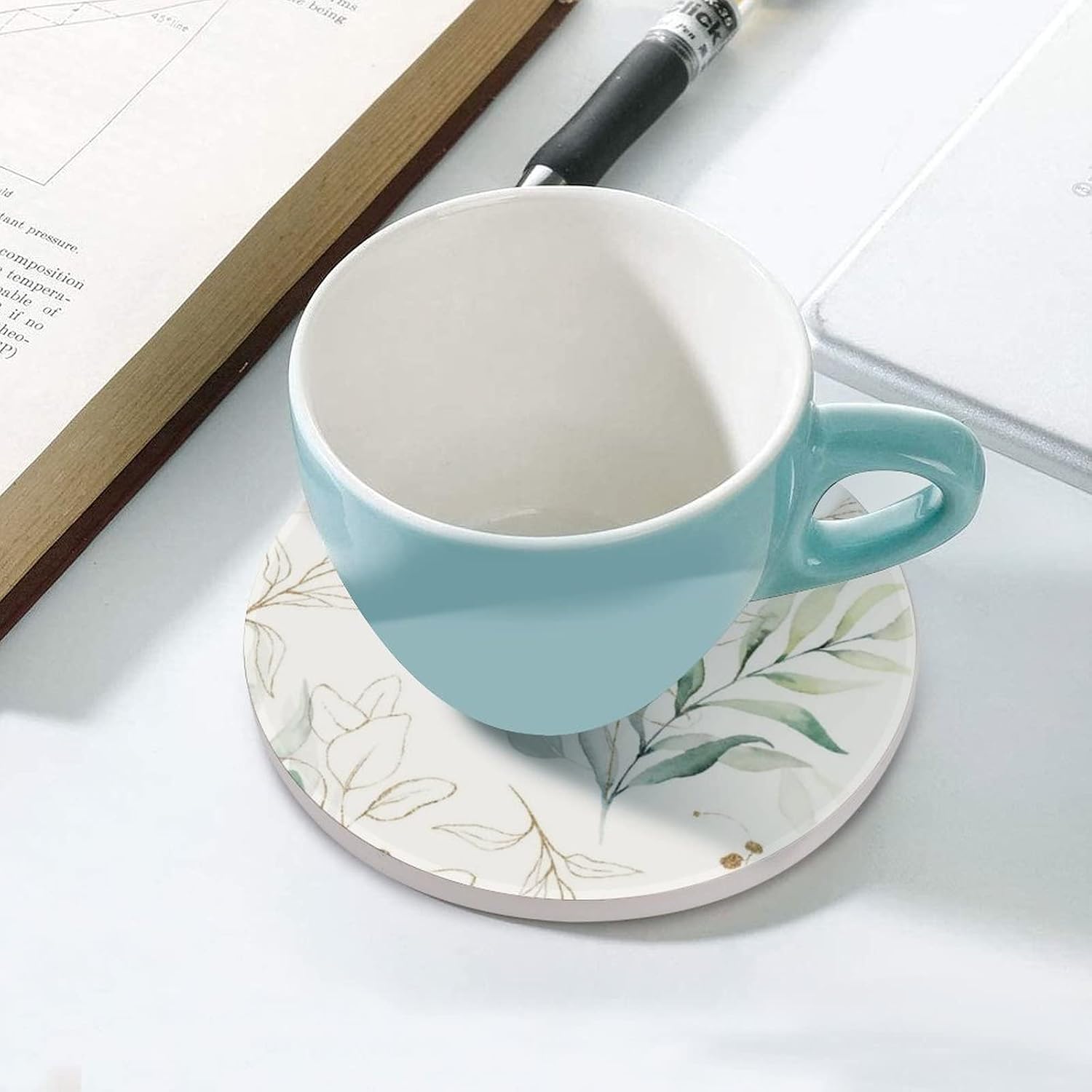 Coasters for Drinks Absorbent with Holder,Abstract Watercolor Eucalyptus Floral Green Leaves Sets of 6 Durable Cup Coaster for Coffee Table Protection,Great Housewarming Birthday Gifts,Home Decor