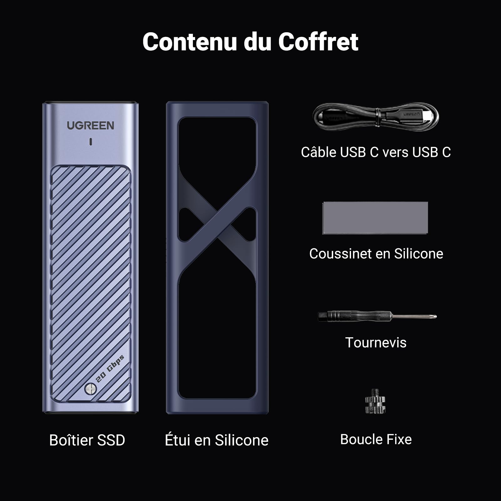 UGREEN Boîtier M2 SSD NVMe SATA 20 Gbps USB 3.2 Gen 2 Adaptateur Disque Dur Externe Aluminium M.2 2230 2242 2260 2280