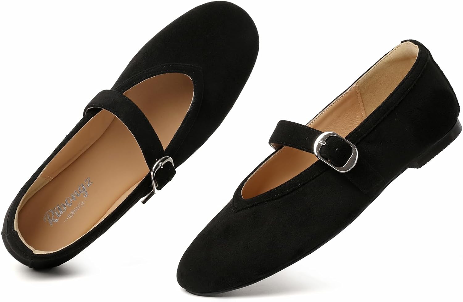 RIBONGZ Women's Flats Foldable Ballet Mary Jane Round Toe Dress Shoes with Ankle Strap Buckle Comfortable Slip On Leather Flat Girls Ballerina Shoes for Office Work Party Walking Casual