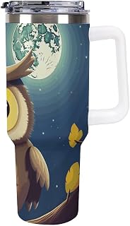 DWTJKMS Vaso de acero inoxidable con diseño de búho y luna amarilla, 1,134.0 g, a prueba de fugas, de gran capacidad, con pajilla, doble pared, aislado al vacío, reutilizable, mantiene el frío o el