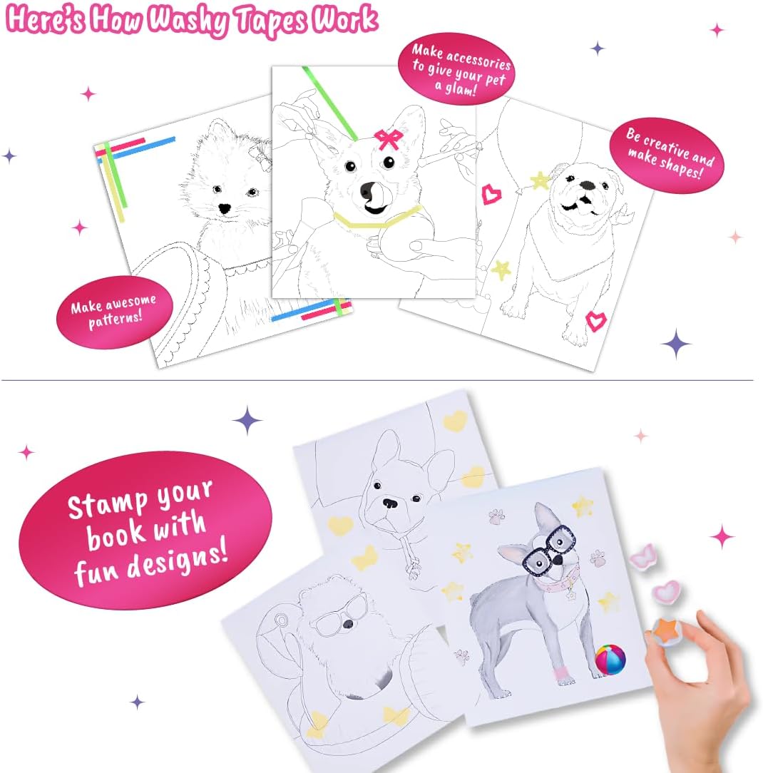 BSCOOL Dog in Style – Dress Up Your Puppy with 25 Coloring Pages, 3 Stamps, 50+ Stickers, Washi Tapes, Guides. Unique Outfits for Dogs. Educational. Travel Friendly for Ages 5 and up. Christmas Gift