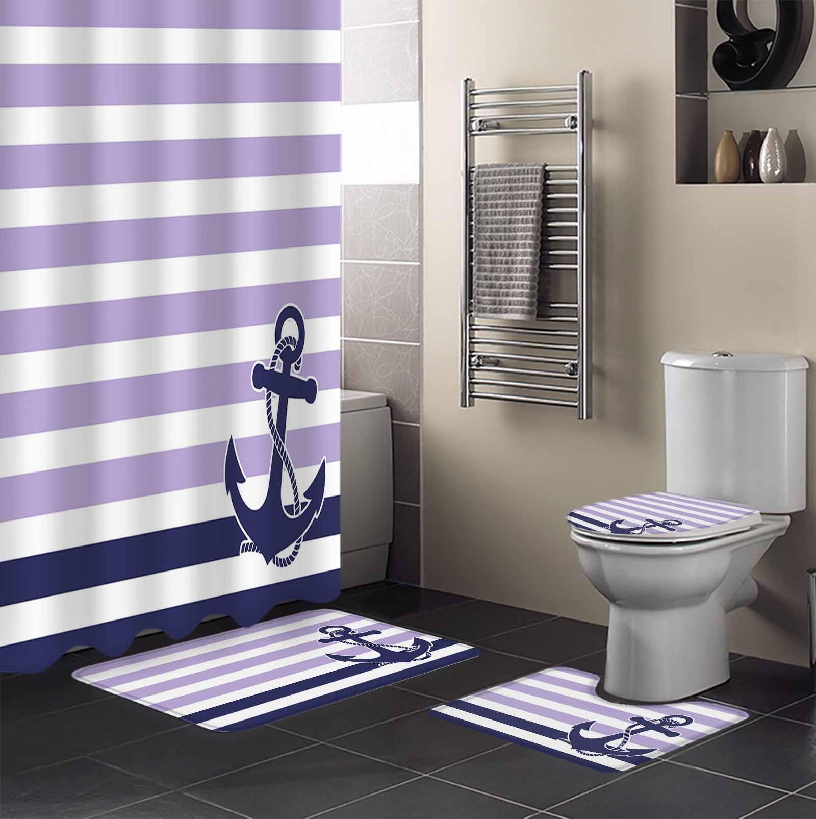 Anchor Purple Bathroom Set with Shower Curtain and Rug Accessories - 72x72 Inches Long Modern Navy Blue White Striped Nautical Bathtub Curtain Waterproof with Large Bath Mat,Washable Runner Rug Set