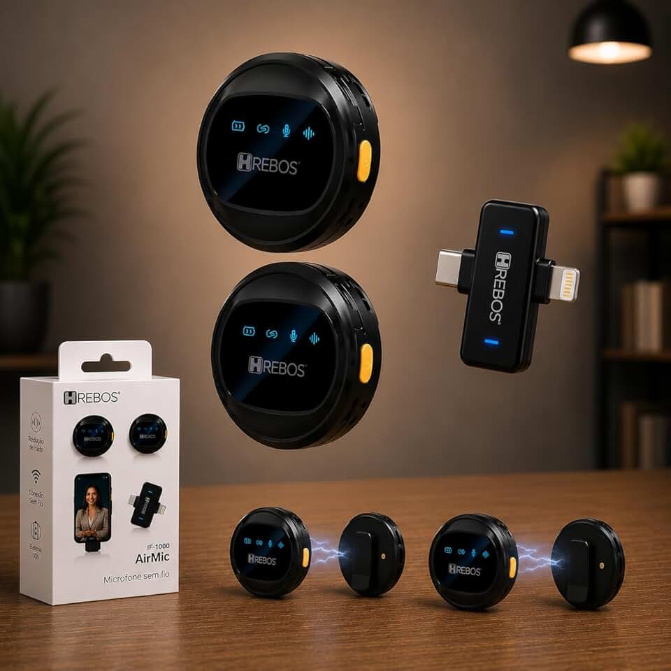 Microfone de Lapela Sem Fio Duplo Bluetooth – Kit 2 Microfones com Redução de Ruído, Magnético, USB-C e iPhone, Android e PC