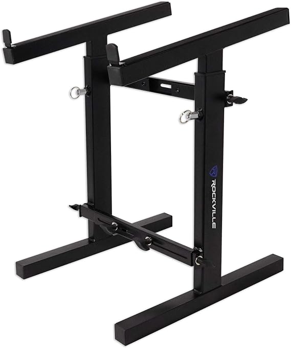 Rockville RXS20 Portable Mixer Stand - Folds Flat - Adjustable Height & Width! | Heavy Duty, 300 lb Capacity, All-Steel, Collapsible, Universal, Soft Padding, Rubber Feet, Fits DJ Controllers and Keyboards