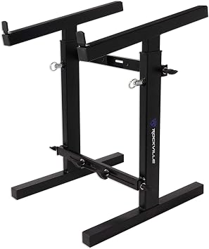 Rockville RXS20 Portable Mixer Stand - Folds Flat - Adjustable Height & Width! | Heavy Duty, 300 lb Capacity, All-Steel, Collapsible, Universal, Soft Padding, Rubber Feet, Fits DJ Controllers and Keyboards