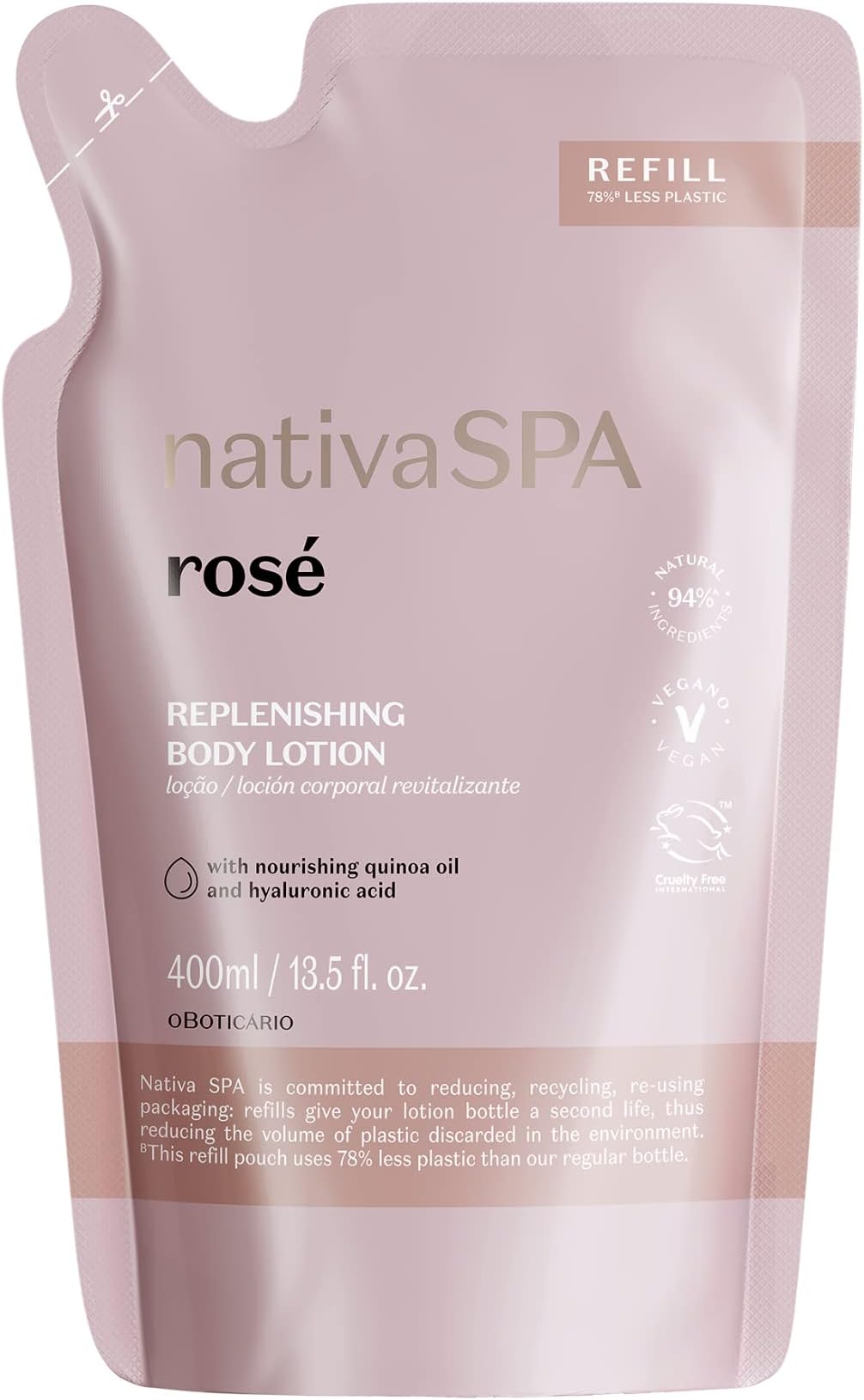 Nativa SPA by O Boticário, Rose Moisturizing Body Lotion Refill Pack, Fragranced Moisturizer Enriched with Purified Quinoa Drops to Boost Hydration, 13.5 Ounce