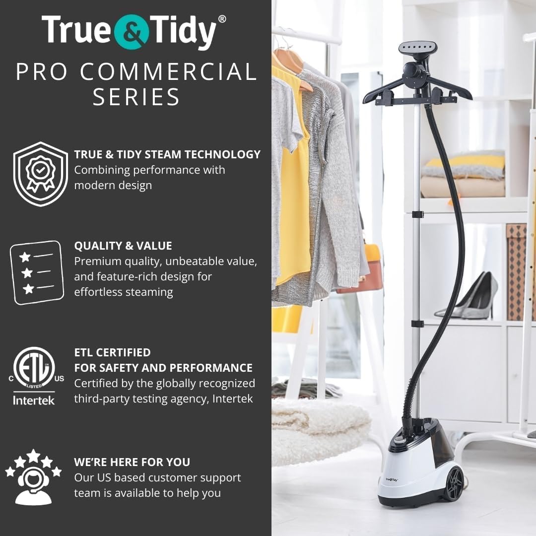 True & Tidy® Commercial Standing Clothes Steamer, Heavy Duty with 90+ mins of Steam Time, For Home and Commercial Use, 1800 watts of Powerful Steam, Wheels for Easy Movement, 3 Steam Settings (White) (Renewed)
