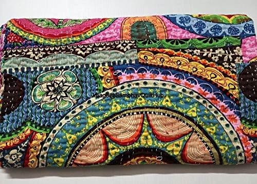 Multi Color Indian Cotton Handmade Quilted Blanket Indian Cotton Floral Print Bedspread Kantha Work Bohemian Bed Decor Throw Blanket Twin/King/Queen (90X108 inches) - Image 5
