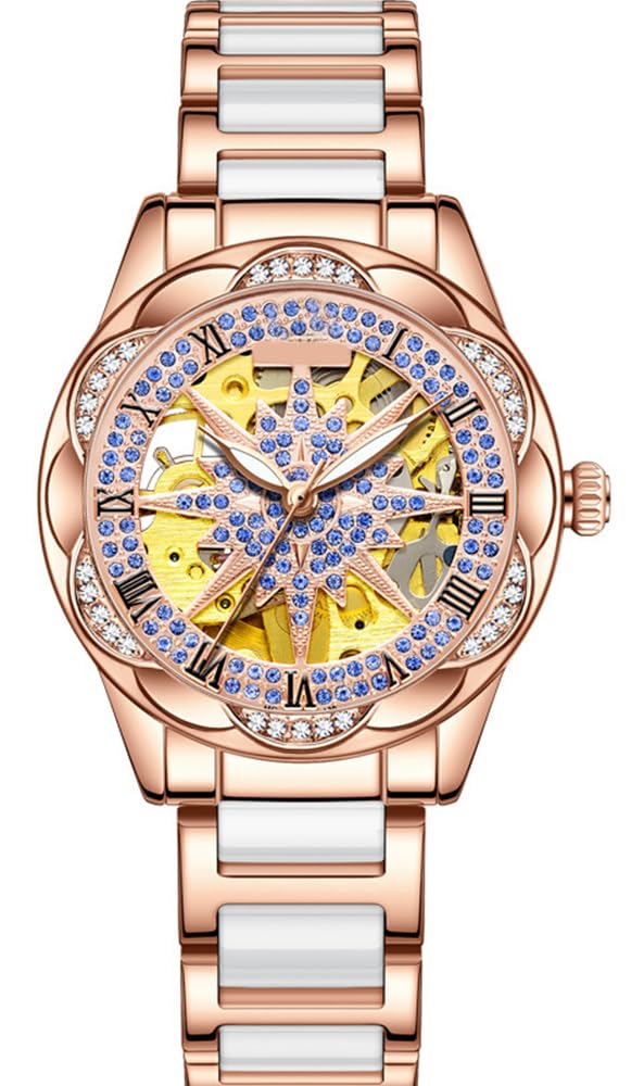 BESTKANG Reloj de pulsera de lujo para mujer, con diamantes de imitación de cerámica, color blanco, reloj mecánico automático para mujer