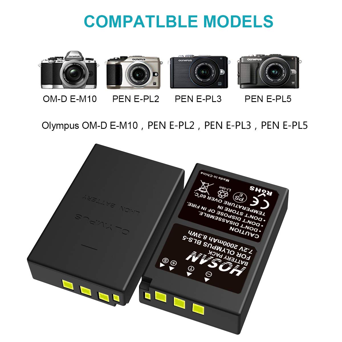 HOSAN BLS-5/BLS-50 Batterie de Rechange 2000mAh Lot de 2 avec Compatible pour Olympus BLS5/BLS50,Om-D E-M10 Mark III,Om-D E-M10 Mark II,Om-D E-M10