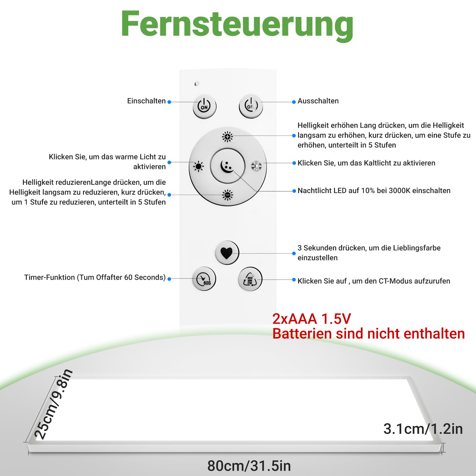 zemty LED Panel Deckenleuchte 80x25 cm, 40W 4000LM Deckenlampe Flach mit Fernbedienung Dimmbar, 3000-6000K Tageslichtlampe Decke Lang für Küche Schlafzimmer Wohnzimmer