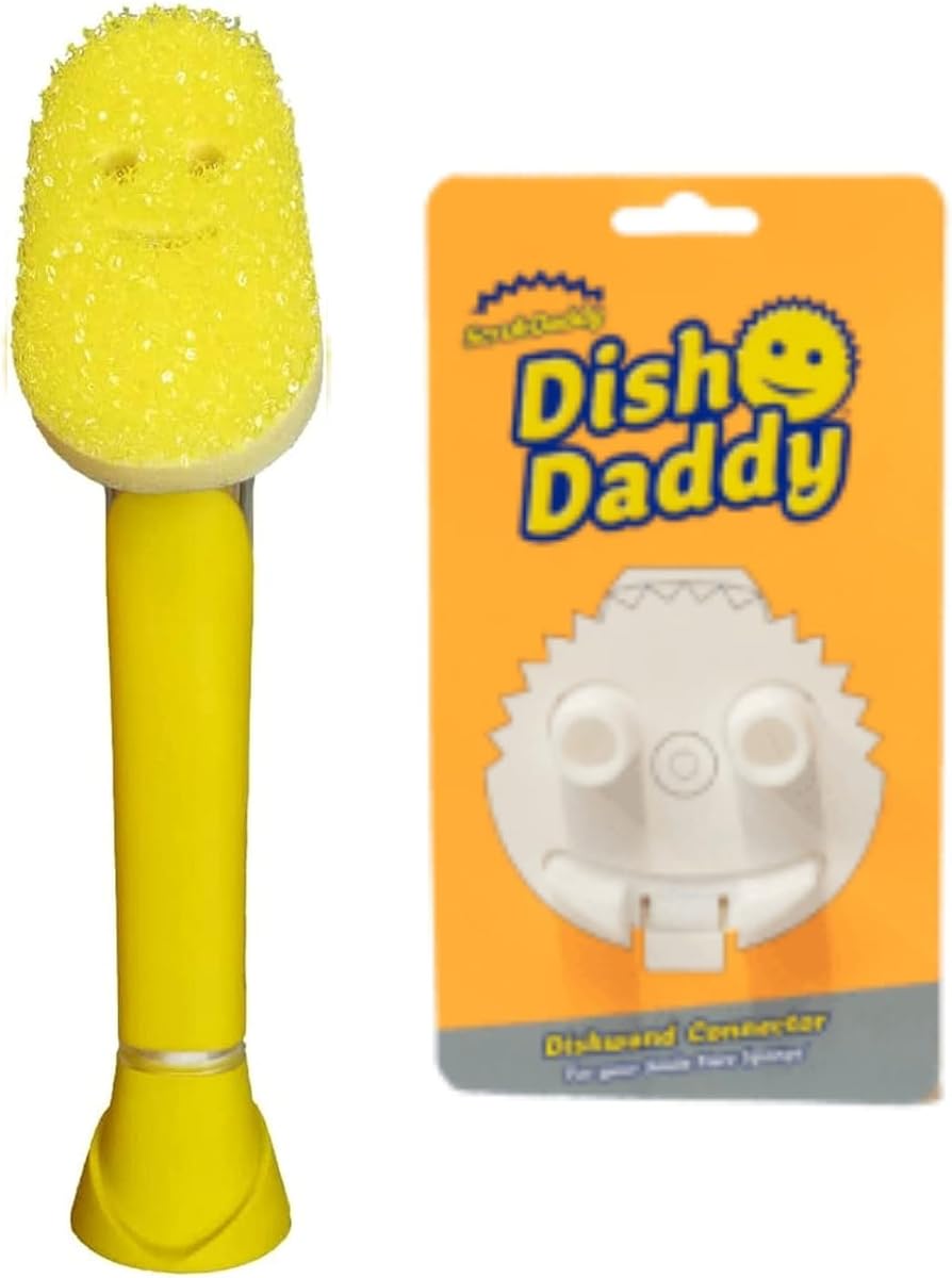 Dish Daddy Varita para platos y cabezal conector, cepillo dispensador de jabón, esponja para lavar que cambia la textura con mango líquido, esponja para platos con raspador incorporado, cabezal de fregado y soporte - amarillo