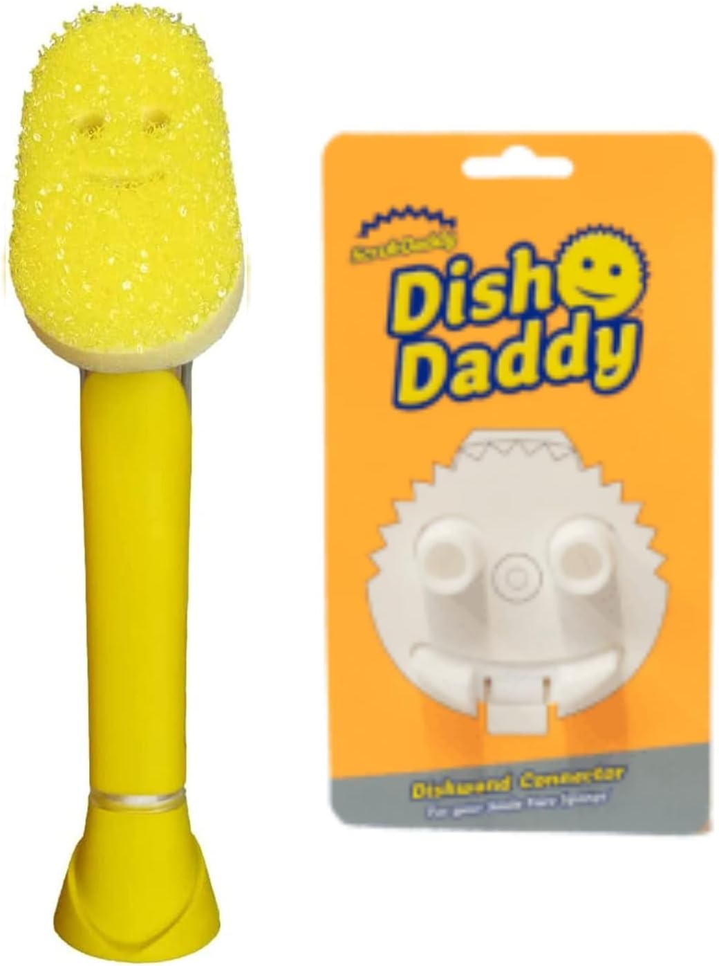 Scrub Daddy Dish Daddy Wand & Connector Head, Soap Dispensing Dish Brush, Texture Changing Washing Up Sponge With Liquid Handle, Handle Sponge with Built-in Scraper, Scrubbing Head & Stand - Yellow