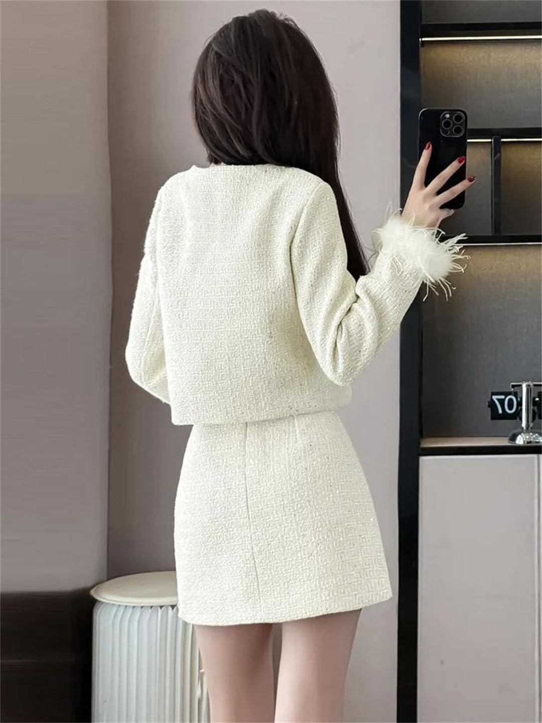 Women Tweed Two Piece Set Feather Detail Jacket Mini Skirt Outfit