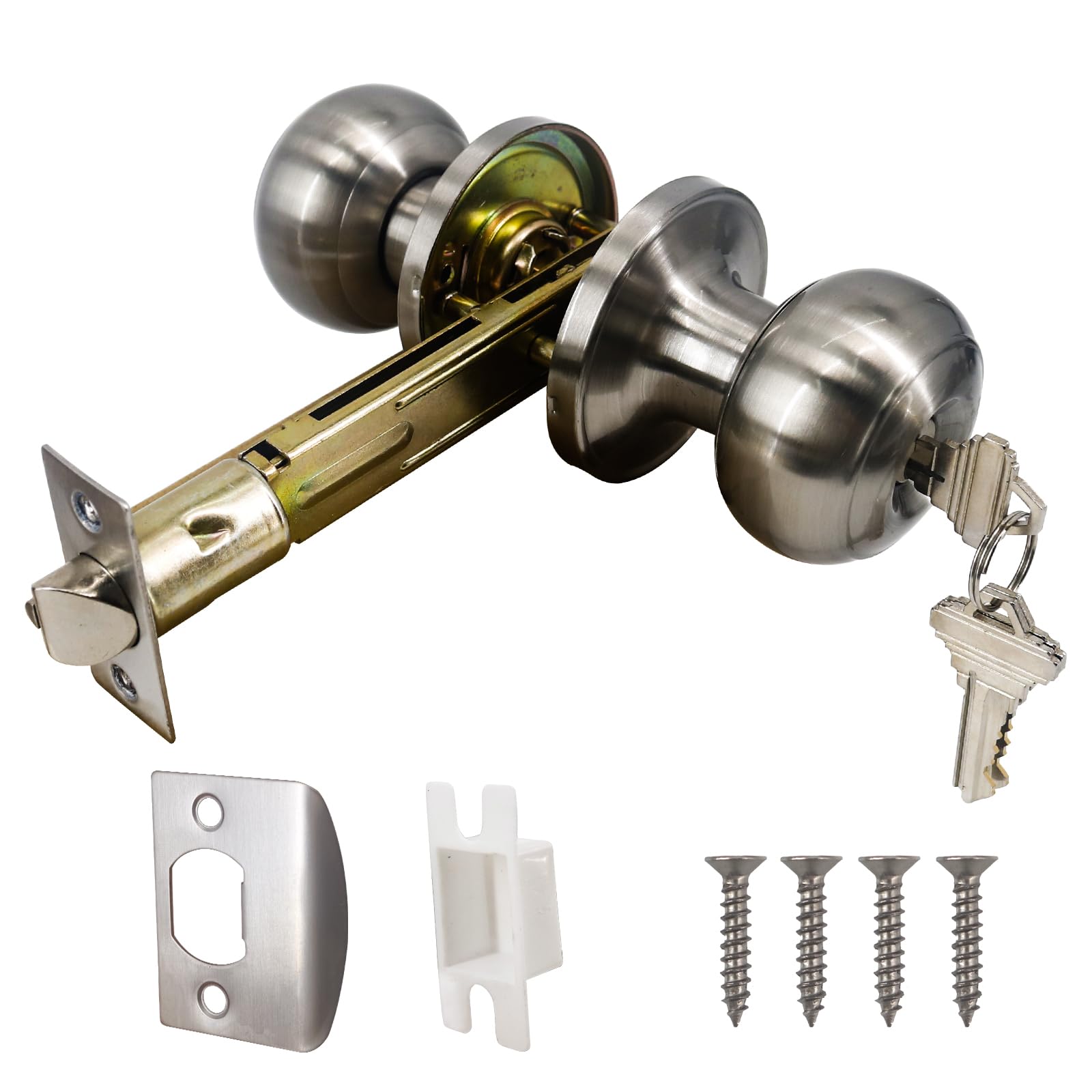 5" Backset Door Latch with Keyed Knobset, 3.03" (7.7mm) Square Interface, Universal Fit, Square Corner Faceplate, Satin Nickel