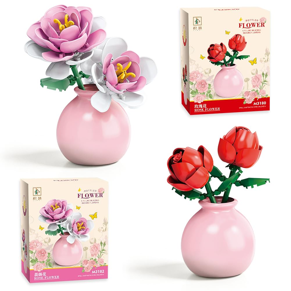 Flower Building Blocks Set, 4PCS Building Blocks Plant Lily and Peony - Mini DIY Brick Flowers Set (Including Ceramic Vase), Flower Block, Delicate Desk Decorations, Birthday Gift for Girls Boys