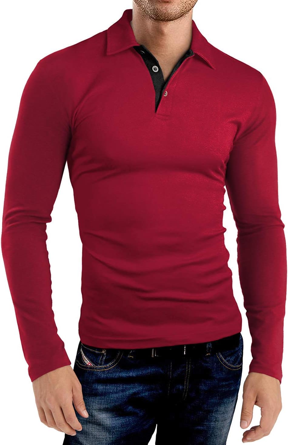 KUYIGO Men's Long Sleeve Polo Shirts Casual Slim Fit Basic Designed Cotton Shirt Tops - Image 2